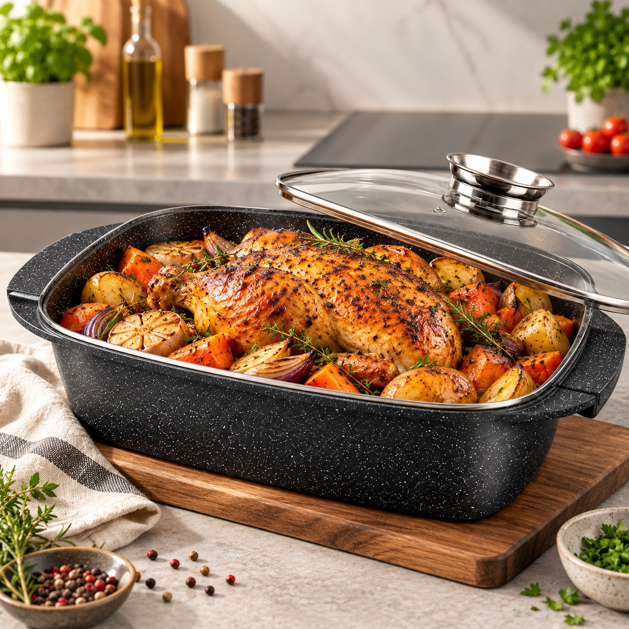 Braisière Royal Swiss noire poulet rôti – antiadhésive effet pierre, couvercle en verre
