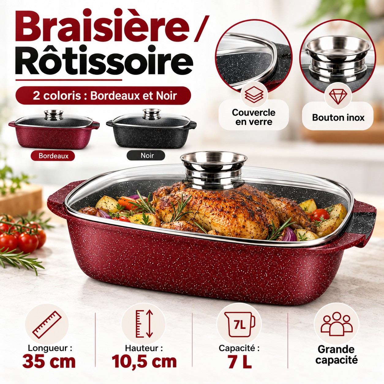 Braisière Royal Swiss infographie caractéristiques – antiadhésive effet pierre, couvercle en verre