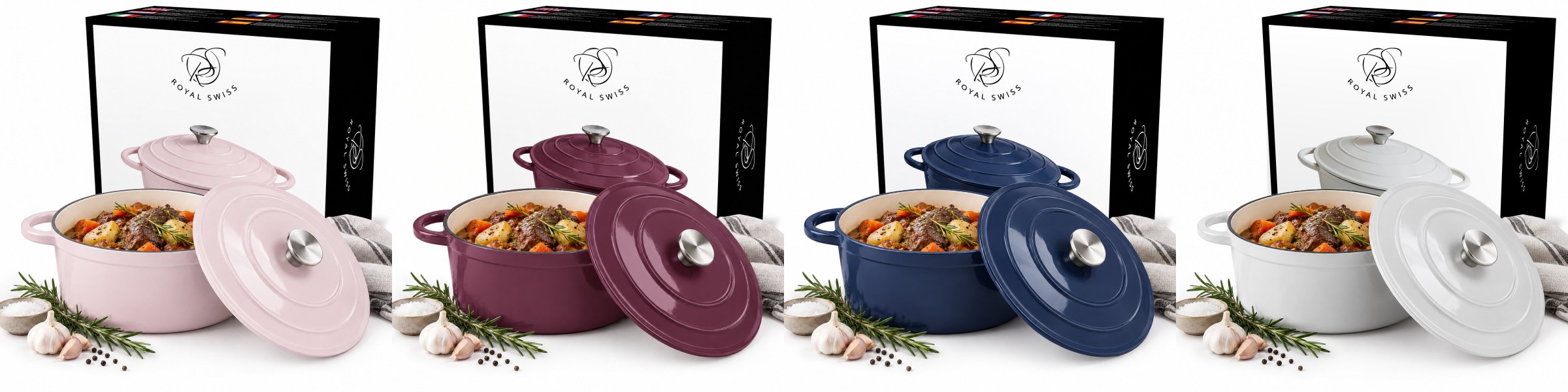 Casserole en fonte émaillée Royal Swiss – 4 couleurs : rose, violet, bleu, crème