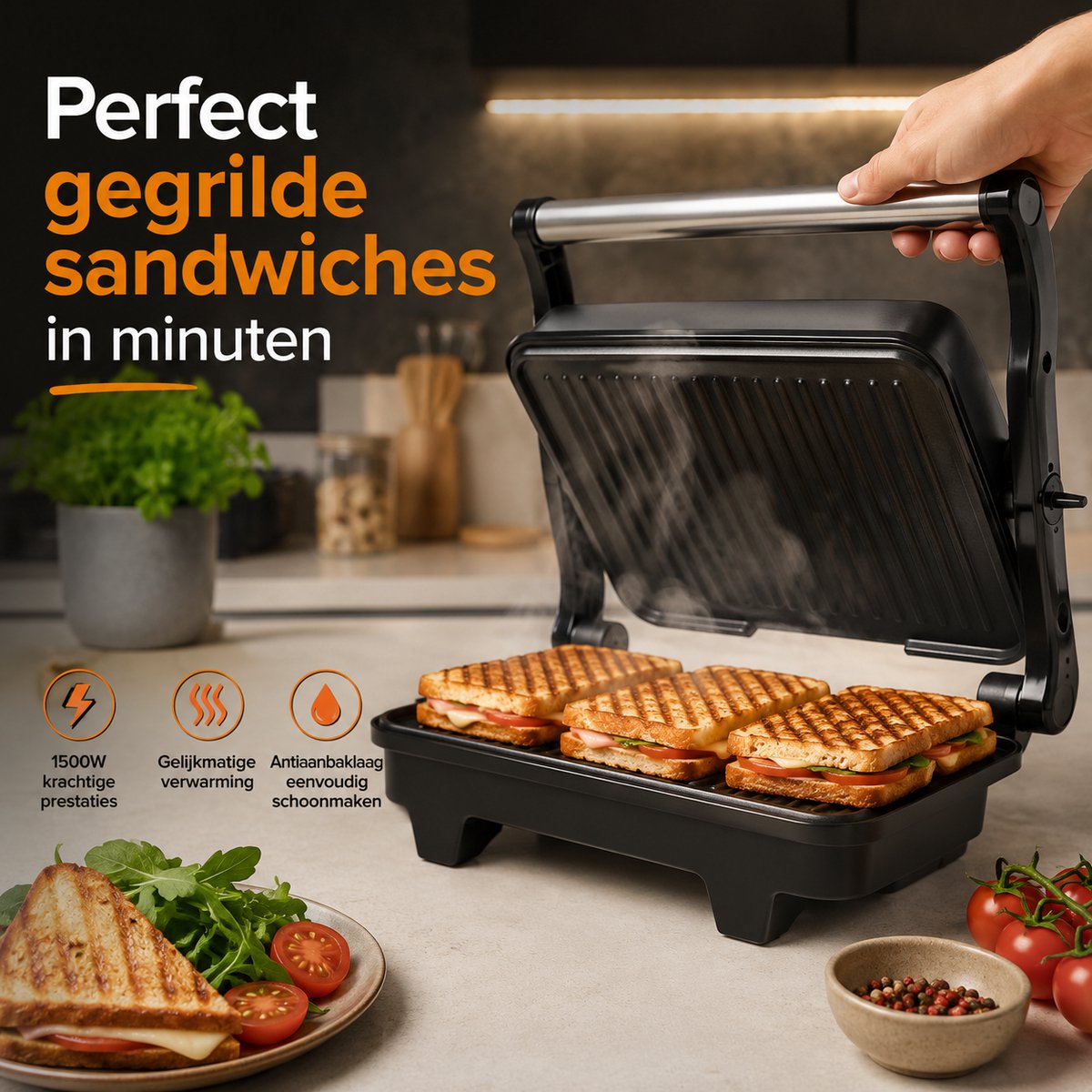 Petit gril de contact panini 1500 W compact, plaques antiadhésives et dessus inox – Royal Swiss