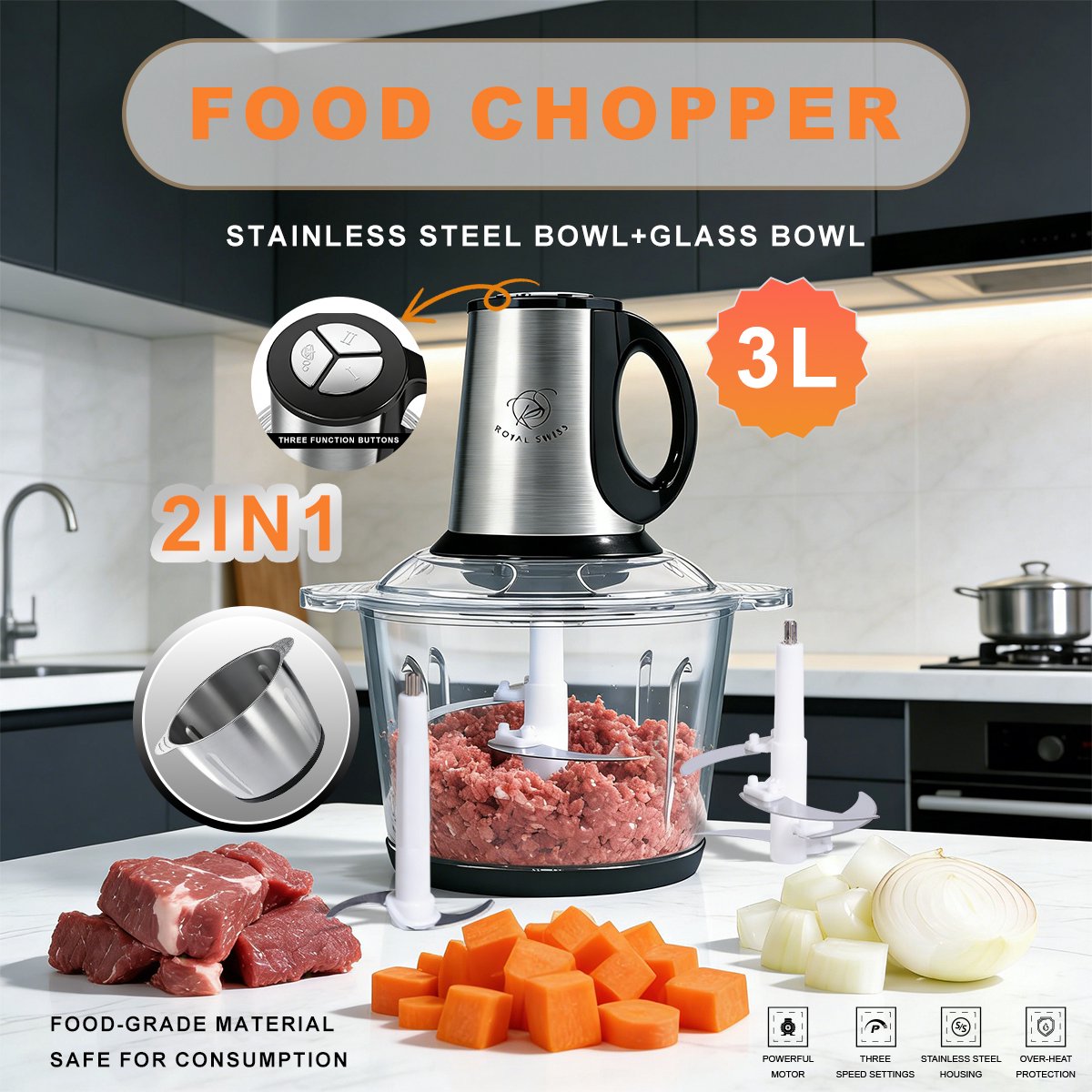 Hachoir électrique Royal Swiss 3L 400W bol inox et verre 5