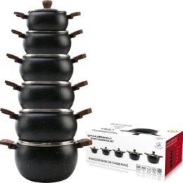 Royal Swiss® Set de Casseroles 10 Pièces – Forme Ventrue, Couvercles en Verre – Ø20/22/24/26/28cm