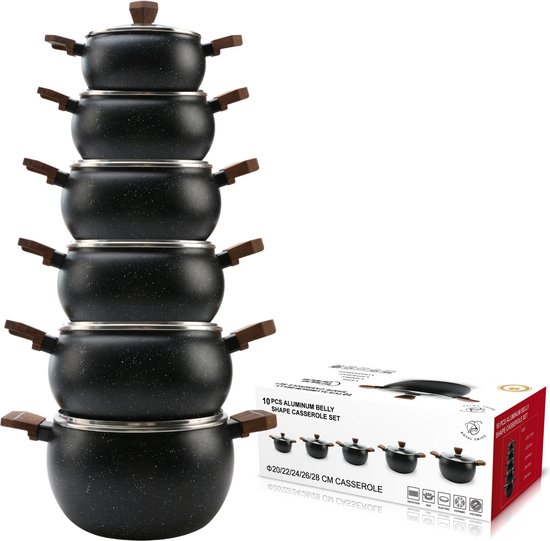 Royal Swiss® Set de Casseroles 10 Pièces – Forme Ventrue, Couvercles en Verre – Ø20/22/24/26/28cm