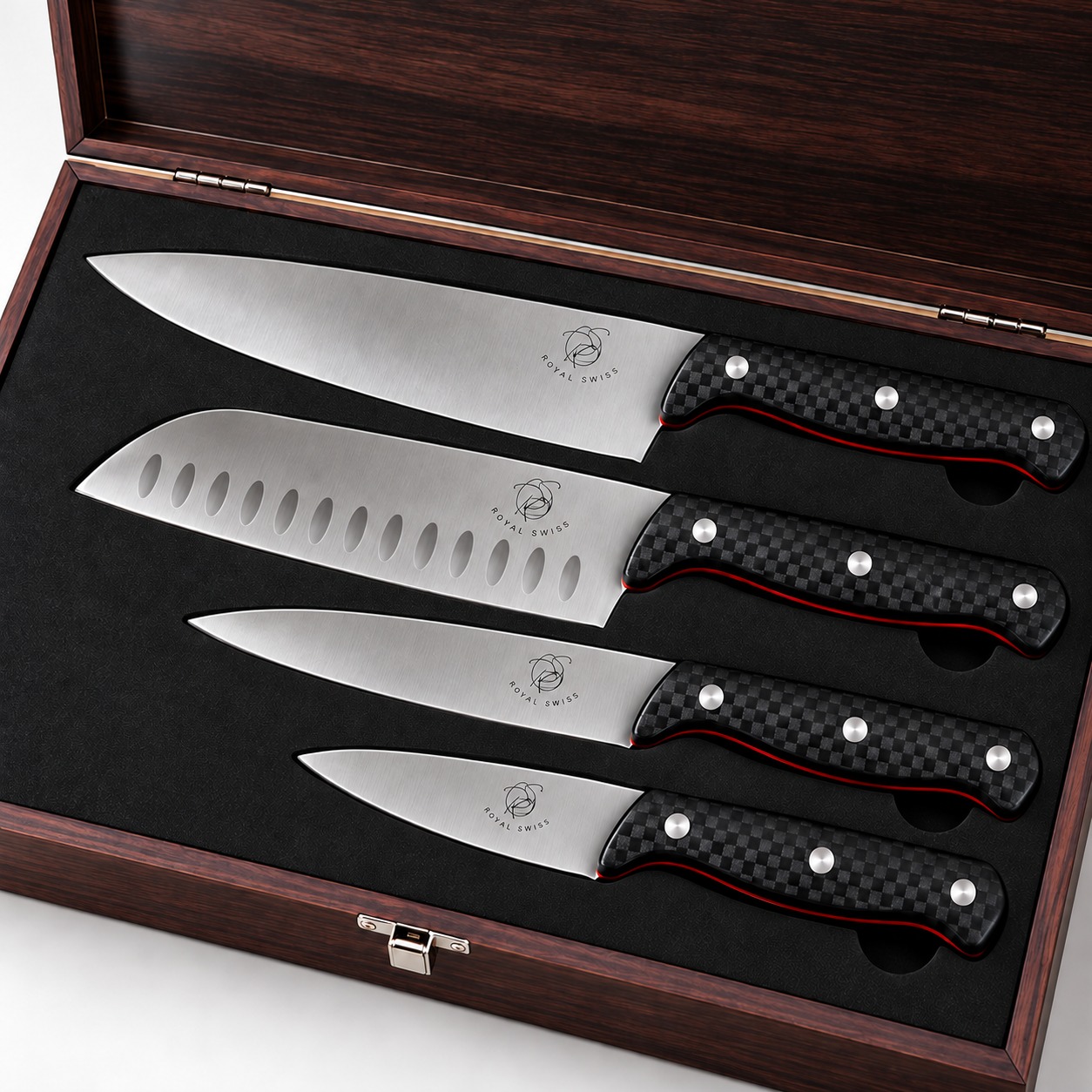 Set de 4 couteaux Royal Swiss F6 3 Couteau de chef, santoku, couteau universel et d'office Royal Swiss en coffret