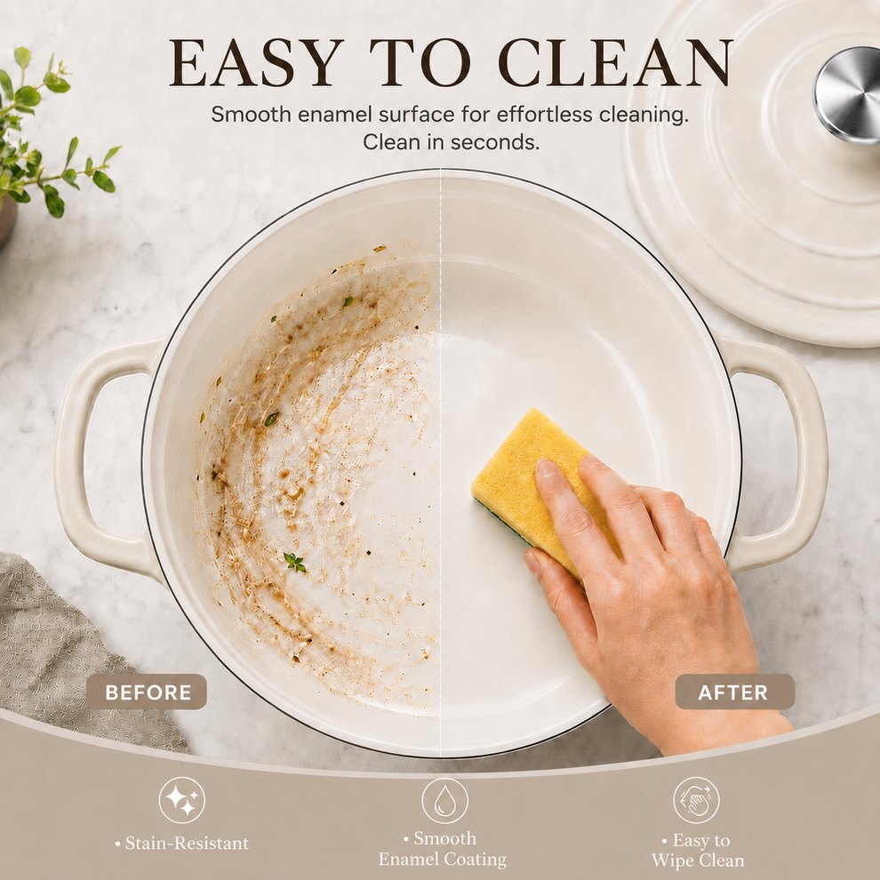 Casserole en fonte émaillée crème – nettoyage facile