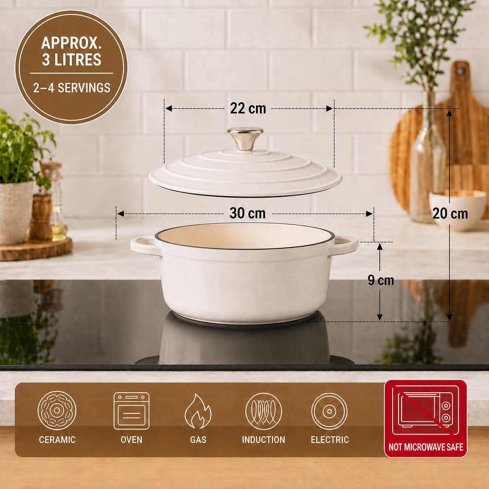 Casserole en fonte émaillée 22 cm – dimensions, 3 litres et compatibilité