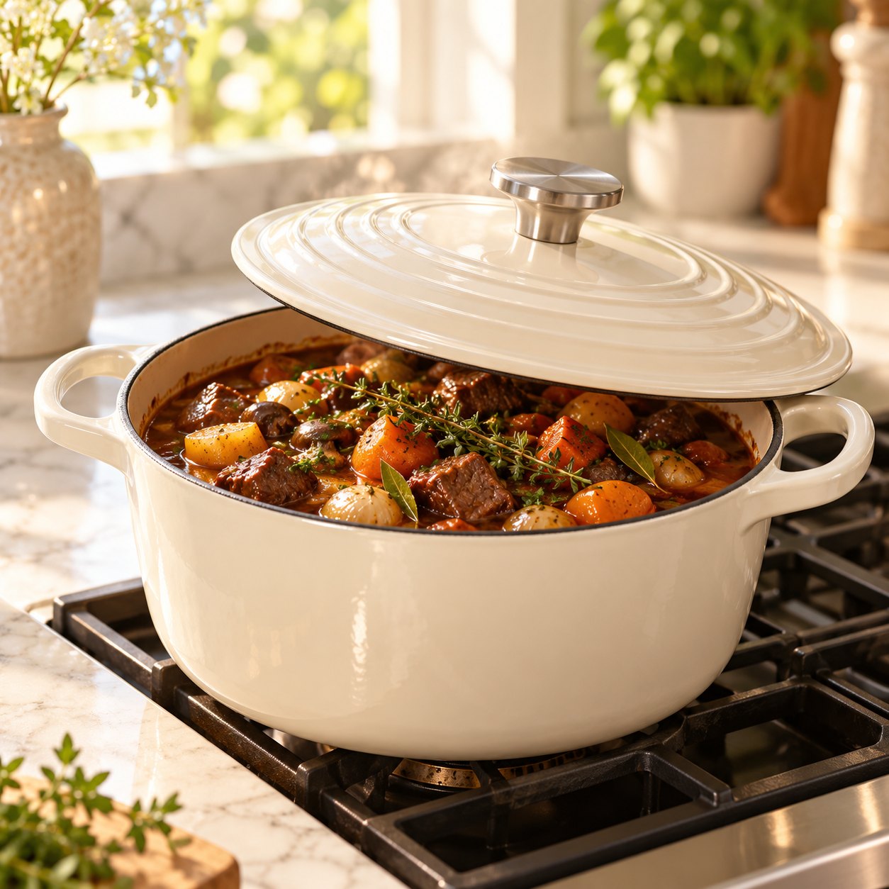 Casserole en fonte émaillée crème – mijoté