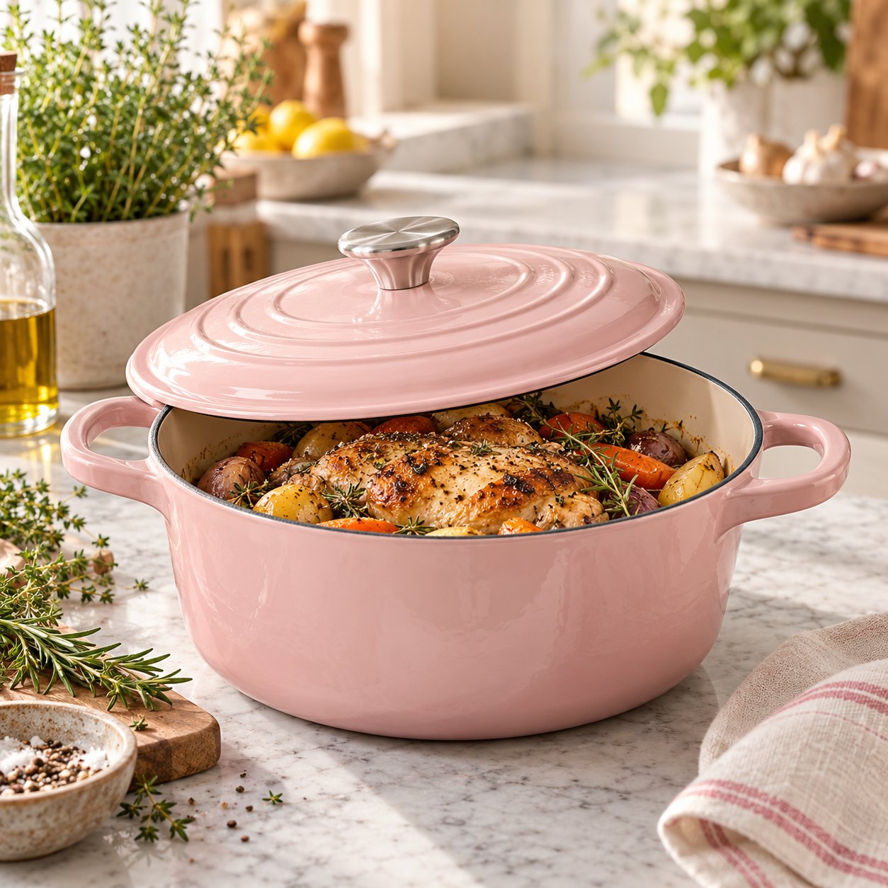 Casserole en fonte émaillée rose – poulet rôti