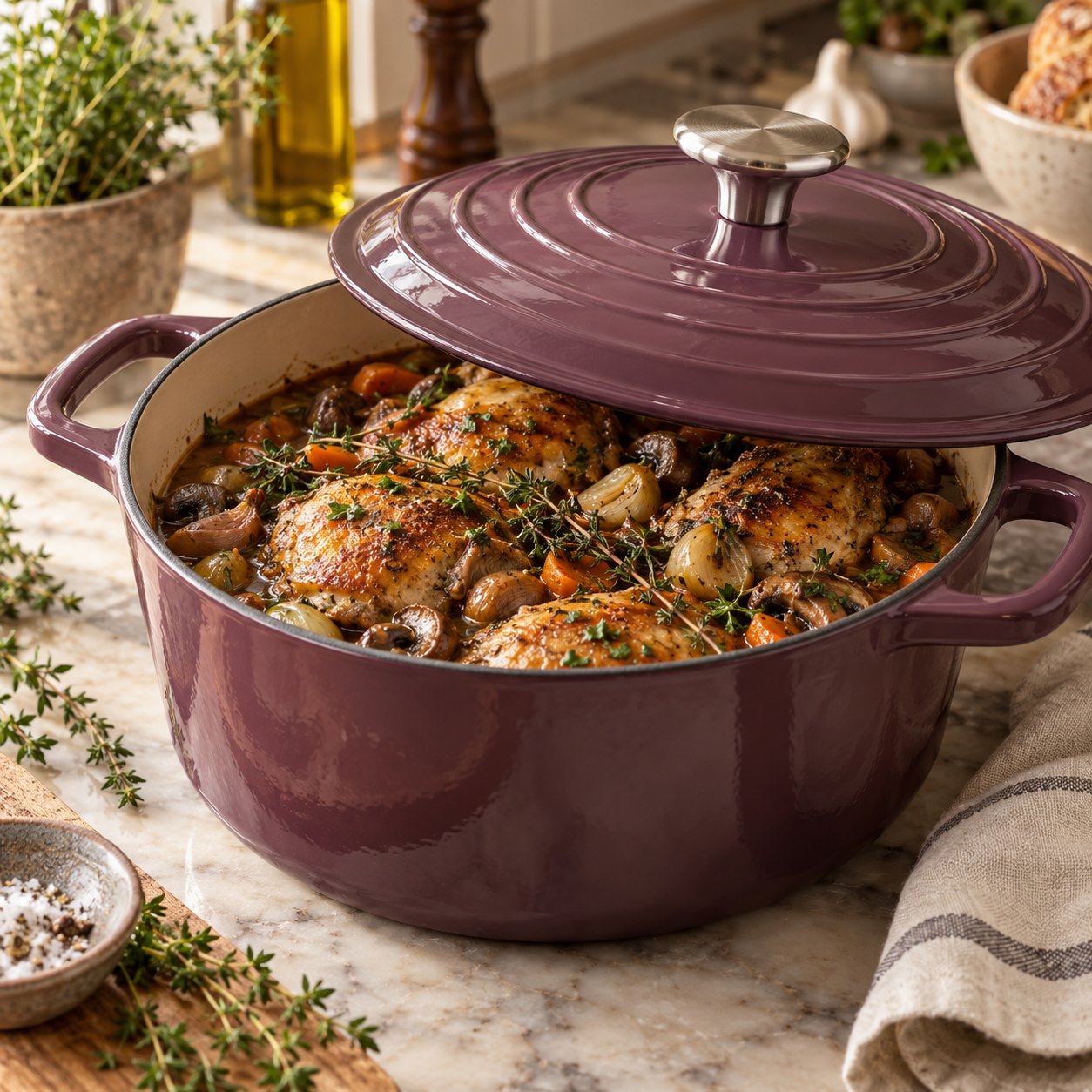 Casserole en fonte émaillée violet – coq au vin