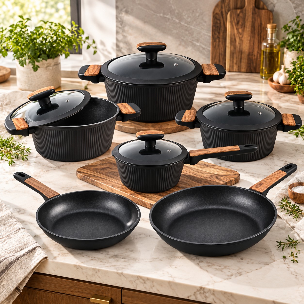 Batterie de cuisine noire Royal Swiss sur plan de travail en marbre