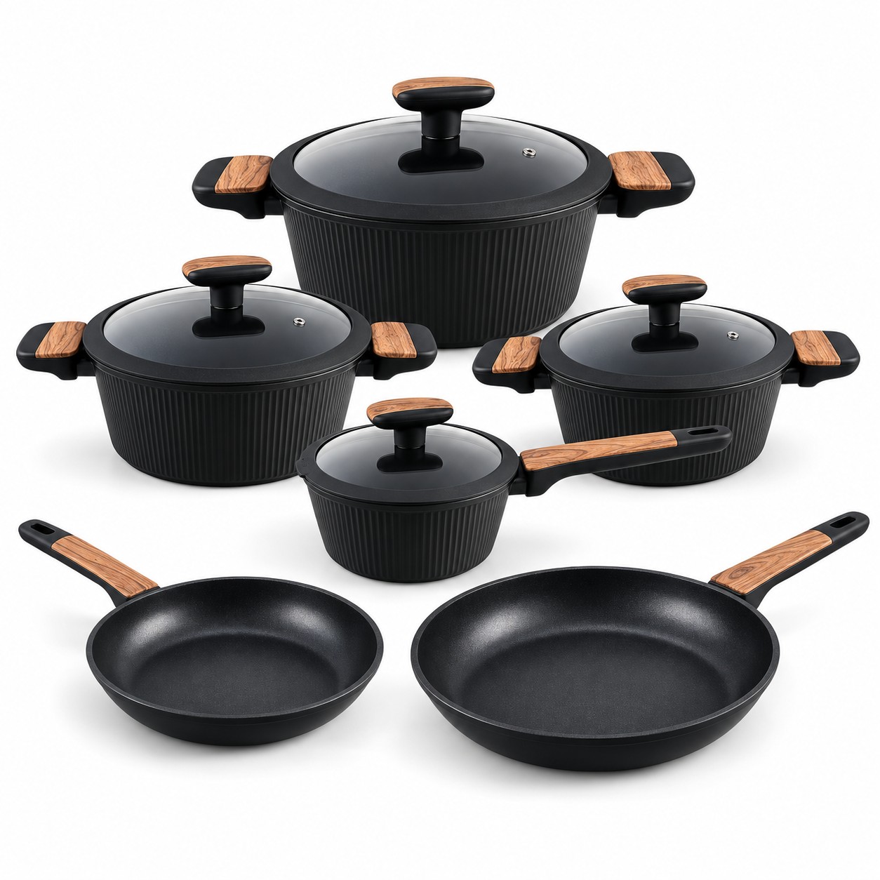 Batterie de cuisine noire 10 pièces casseroles poêles et couvercles en verre
