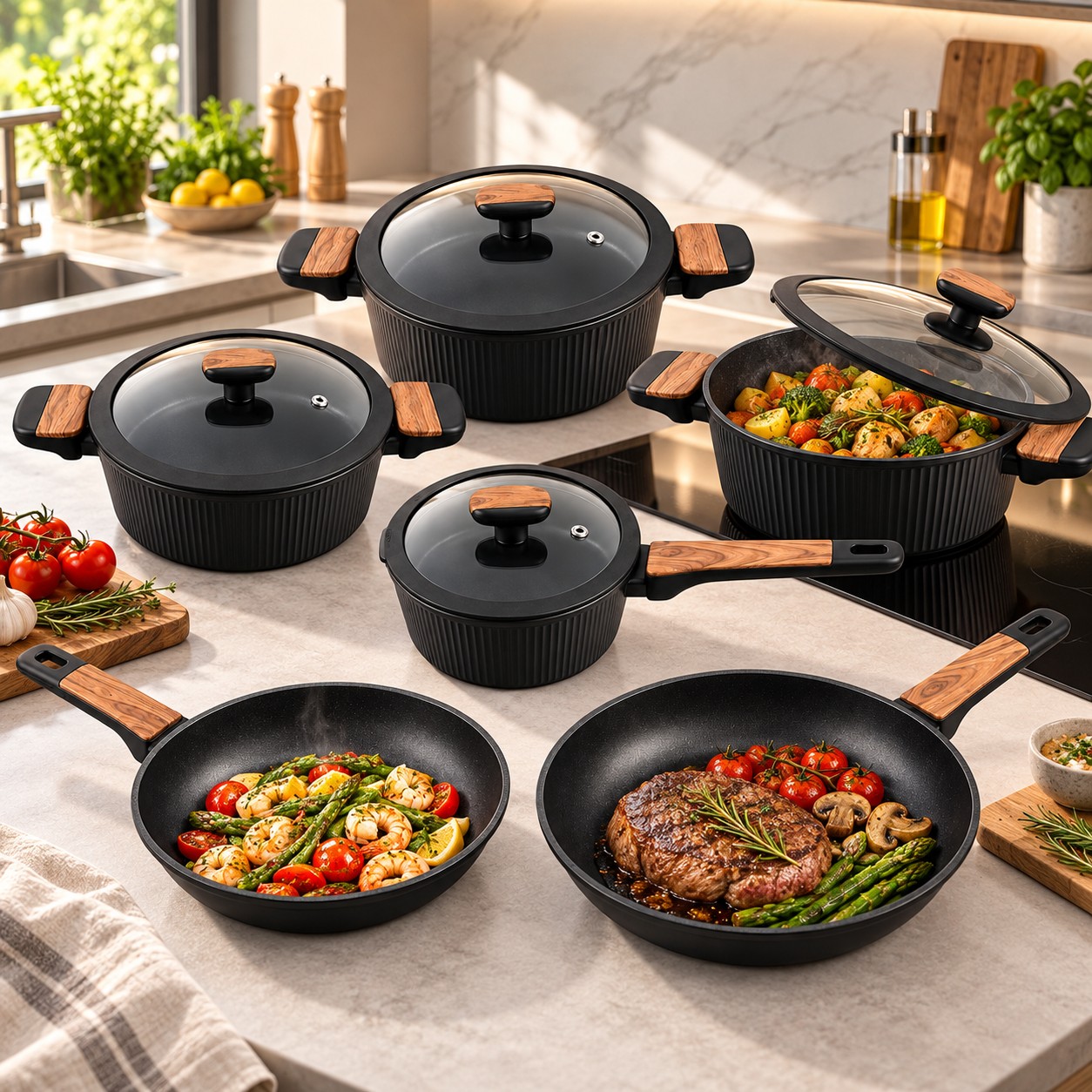 Batterie de cuisine noire Royal Swiss avec plats cuisinés