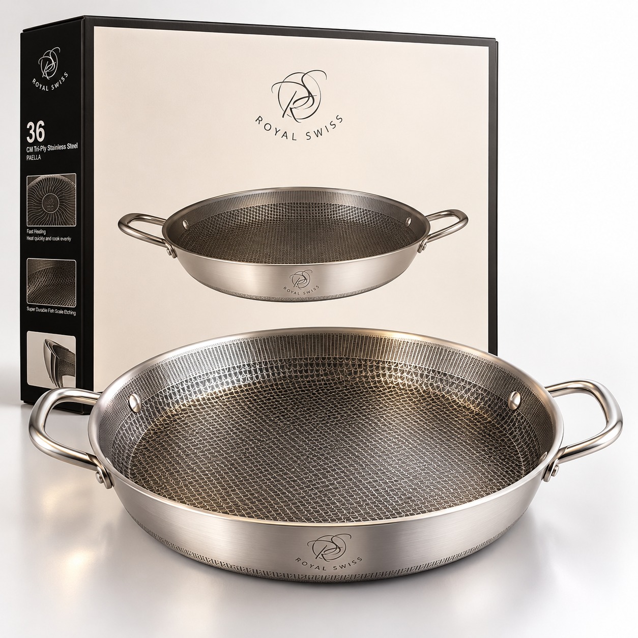 Poêle à paella Royal Swiss Tri-Ply inox nid d'abeille avec boîte 36 cm