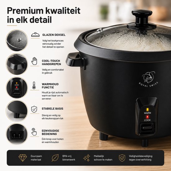 Royal Swiss® Cuiseur à Riz 1.8L ou 2.8L – Couvercle en Verre & Maintien au Chaud – Noir ou Blanc – Image 11