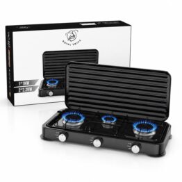Royal Swiss® Cuisinière à Gaz 3 Feux – Appareil de Cuisson Camping avec Couvercle – Propane & Butane – Noir