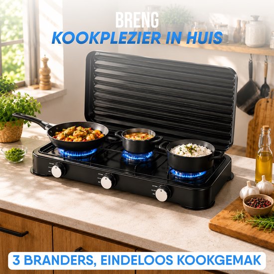 Royal Swiss® Cuisinière à Gaz 3 Feux – Appareil de Cuisson Camping avec Couvercle – Propane & Butane – Noir – Image 2