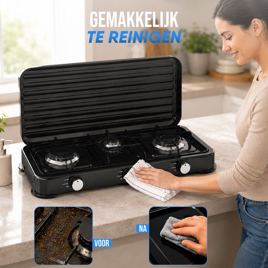 Royal Swiss® Cuisinière à Gaz 3 Feux – Appareil de Cuisson Camping avec Couvercle – Propane & Butane – Noir – Image 3