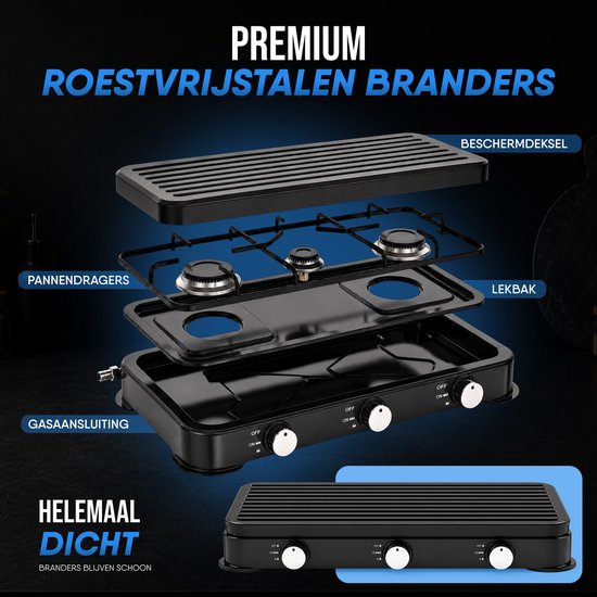 Royal Swiss® Cuisinière à Gaz 3 Feux – Appareil de Cuisson Camping avec Couvercle – Propane & Butane – Noir – Image 5