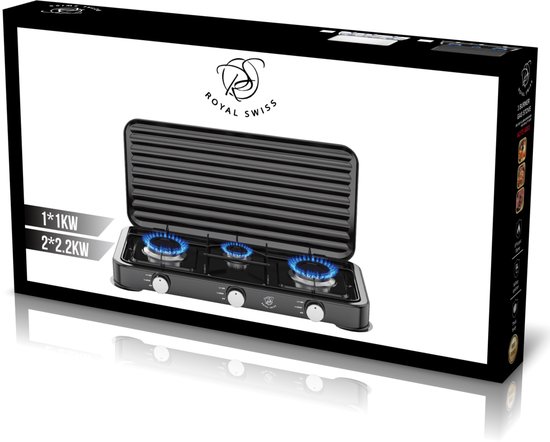 Royal Swiss® Cuisinière à Gaz 3 Feux – Appareil de Cuisson Camping avec Couvercle – Propane & Butane – Noir – Image 8