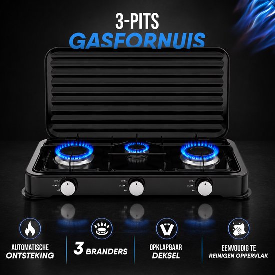 Royal Swiss® Cuisinière à Gaz 3 Feux – Appareil de Cuisson Camping avec Couvercle – Propane & Butane – Noir – Image 9