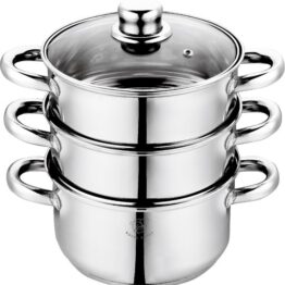 Royal Swiss® Couscoussier - Cuiseur Vapeur Inox 3 Pièces – 22cm / 26cm / 28cm – Couvercle en Verre – Compatible Induction, Gaz & Électrique