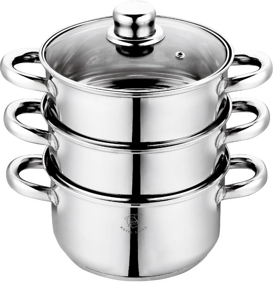 Royal Swiss® Couscoussier - Cuiseur Vapeur Inox 3 Pièces – 22cm / 26cm / 28cm – Couvercle en Verre – Compatible Induction, Gaz & Électrique