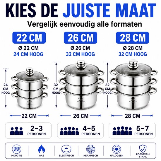 Royal Swiss® Couscoussier - Cuiseur Vapeur Inox 3 Pièces – 22cm / 26cm / 28cm – Couvercle en Verre – Compatible Induction, Gaz & Électrique – Image 2