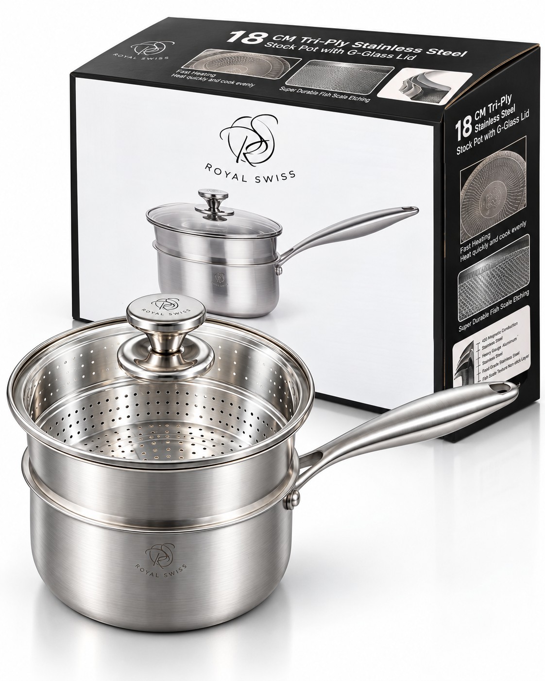 Casserole inox triply Royal Swiss® 18 cm avec panier vapeur, couvercle en verre et son coffret
