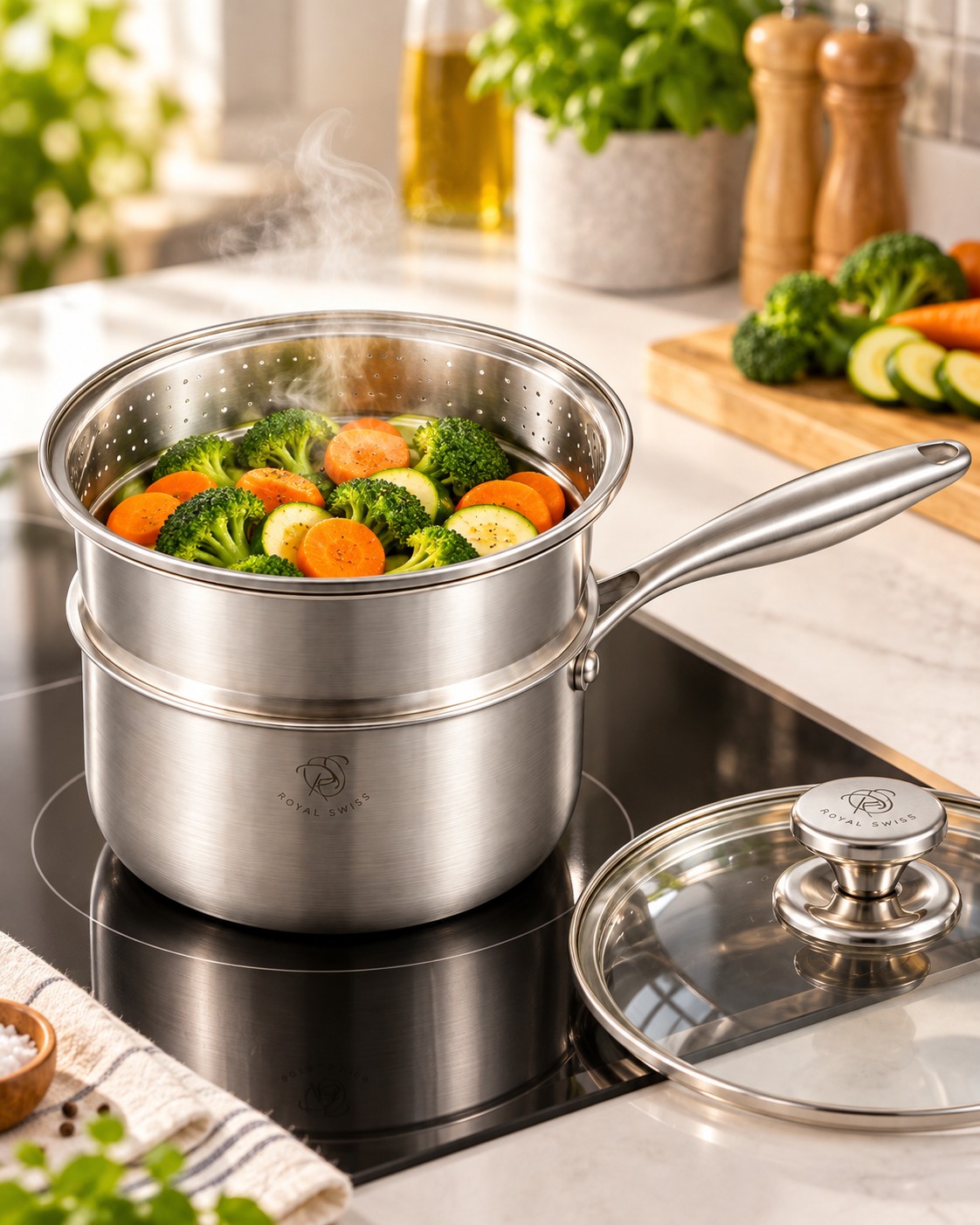 Casserole Royal Swiss® 18 cm avec panier vapeur et légumes sur plaque à induction
