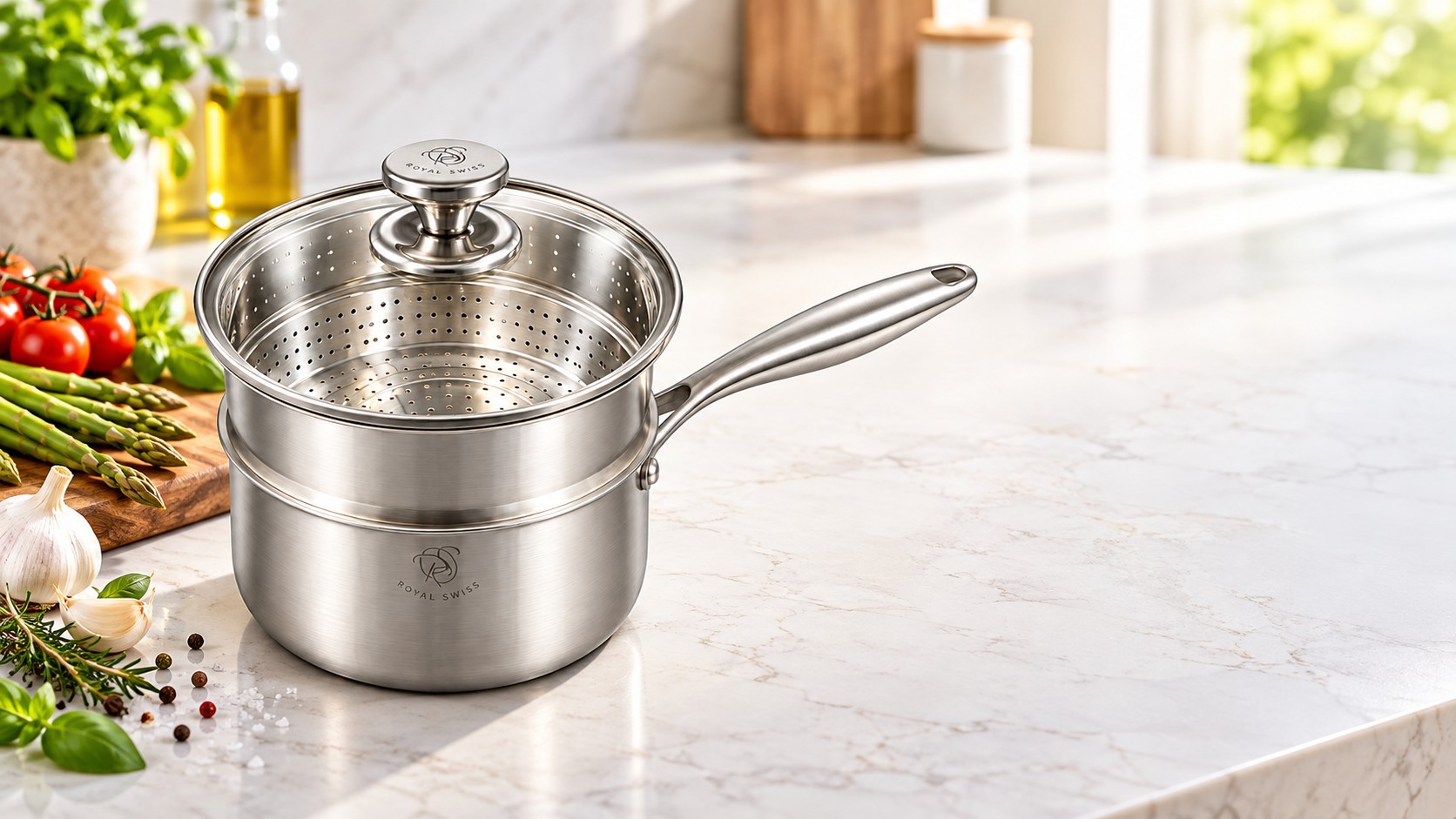 Casserole inox triply Royal Swiss® 18 cm avec panier vapeur sur un plan de travail en marbre