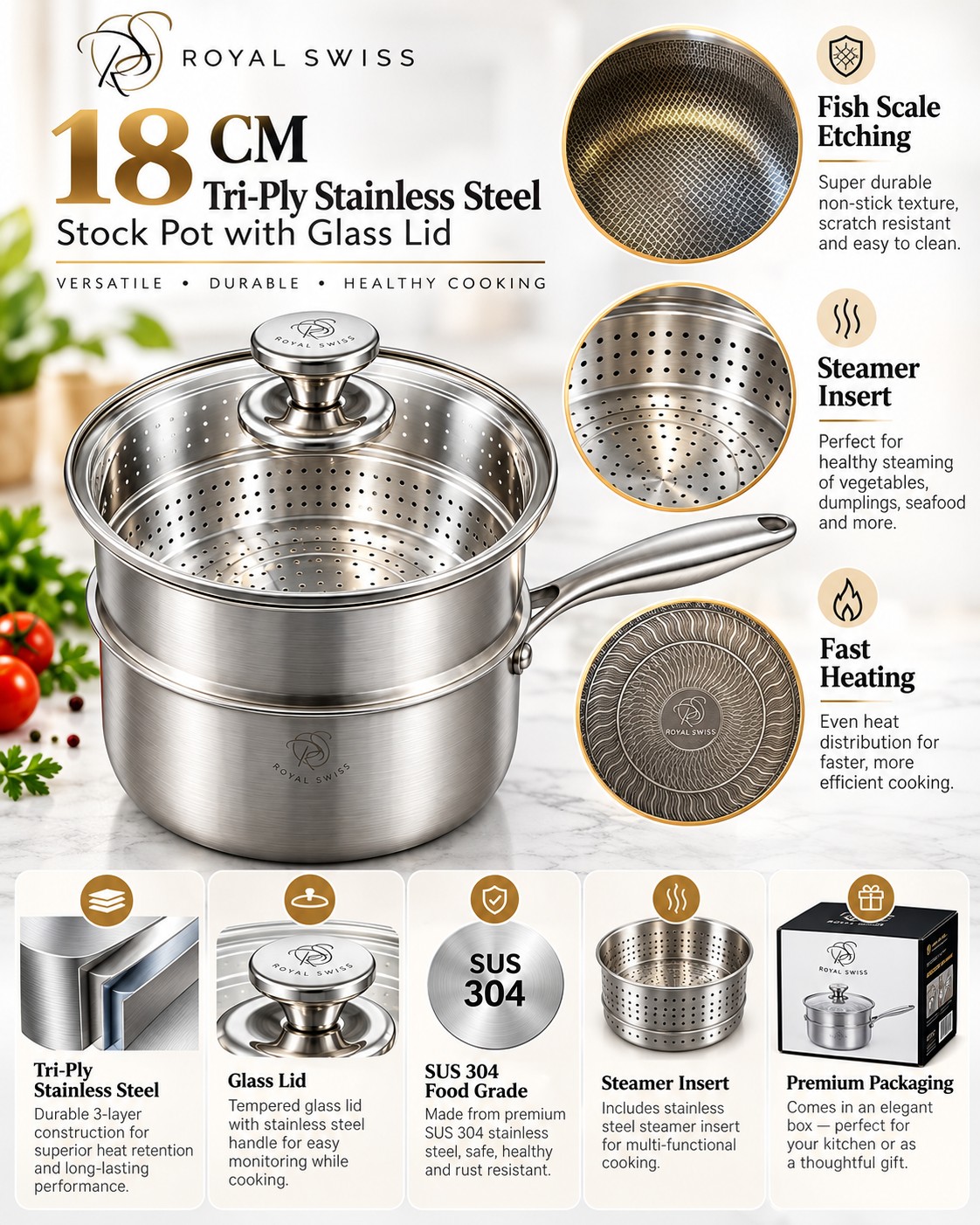Caractéristiques de la casserole Royal Swiss® 18 cm : inox tri-ply, intérieur texturé, panier vapeur, couvercle verre