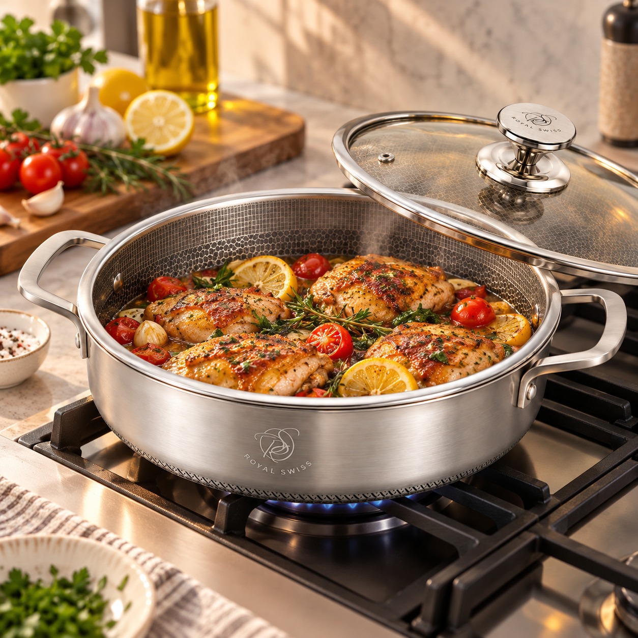 Sauteuse Royal Swiss Tri-Ply cuisson poulet sur feu gaz