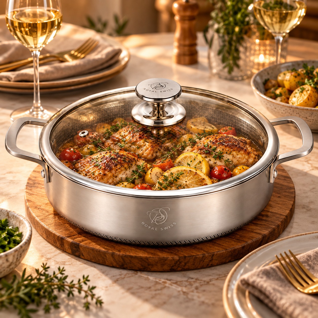 Sauteuse Royal Swiss Tri-Ply plat mijoté sur planche en bois
